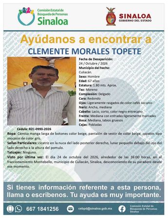 La Comisión Estatal de Búsqueda de Personas pone a disposición el número telefónico 667 184 1256.