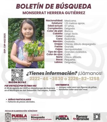 Monserrat vestía jumper azul y sandalias azul con rosa, según apunta su boletín de búsqueda / Cortesía