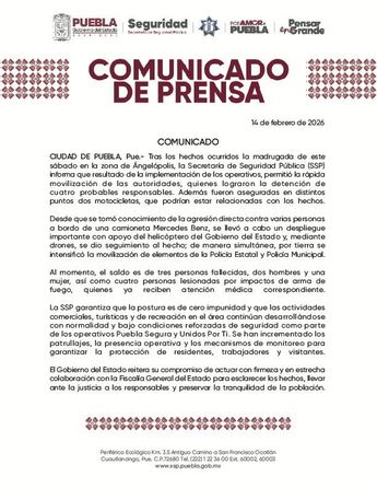 Comunicado del Gobierno de Puebla, luego de la balacera ocurrida en Sala de Despecho en Angelópolis / @Gob_Puebla