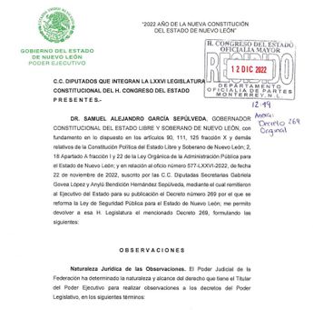 Veto contra la reforma a la Ley de Seguridad. | Cortesía