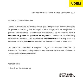 UDEM comunicado de lluvias | Especial