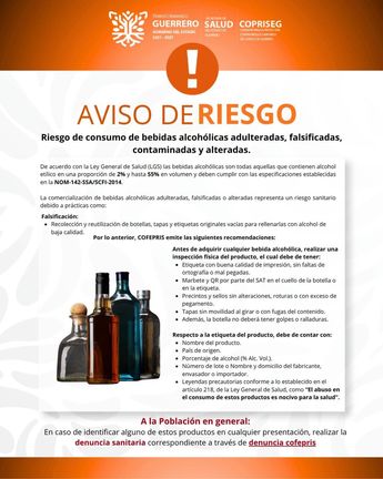 Aviso de riesgo del consumo de bebidas alcohólicas adulteradas | Copriseg