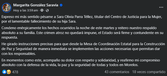 La gobernadora de Morelos, Margarita González Saravia, expresó sus condolencias a la funcionaria tras el asesinato de su hija | Facebook