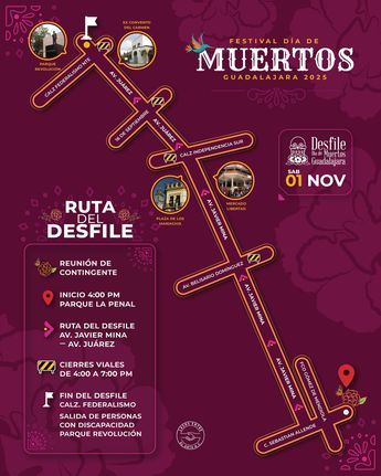 Mapa de cierres viales para el desfile de Día de Muertos del 1 de noviembre en Guadalajara. | Imagen: Desfile Día de Muertos Guadalajara