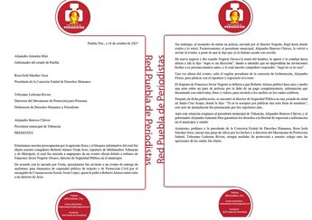 La Red de Periodistas de Puebla pidió la intervención del gobernador de Puebla y de la titular de la CDH en el estado / Especial