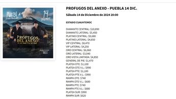 Precio de los boletos prófugos del anexo Puebla / Especial