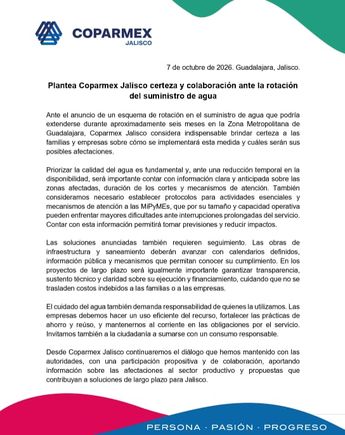Comunicado de Coparmex sobre la crisis de agua en Jalisco. | Coparmex Jalisco