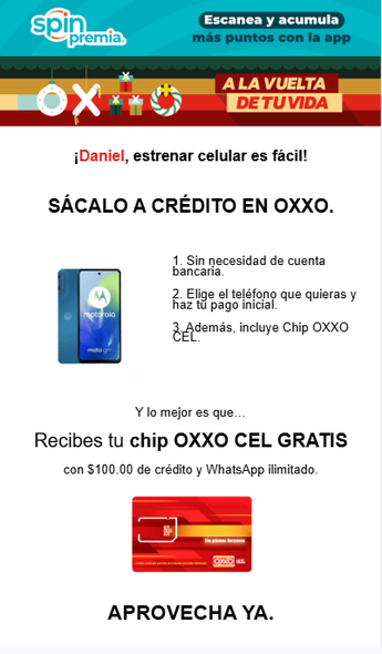 Correo enviado por Oxxo con los celulares que ofrecen