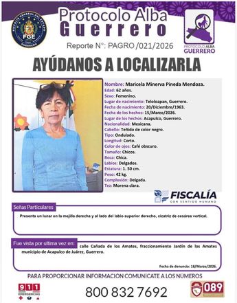 Ficha de búsqueda de Maricela Pineda Mendoza. | FGE Guerrero