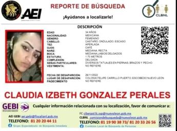 Claudia Izbeth de 34 años también desapareció el pasado 26 de noviembre. | Cortesía