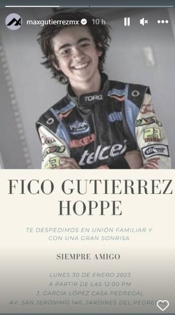 Muere Federico Gutiérrez, piloto mexicano de 17 años, en accidente de tránsito.