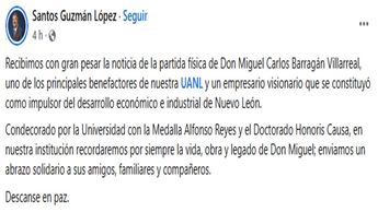 El rector de la UANL se despide de Miguel Barragán | Especial