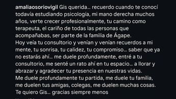 Comunicado ce Amalia Osorio, jefa de Gisele Ortiz en Ágape / Instagram AmaliaOsorioVigil