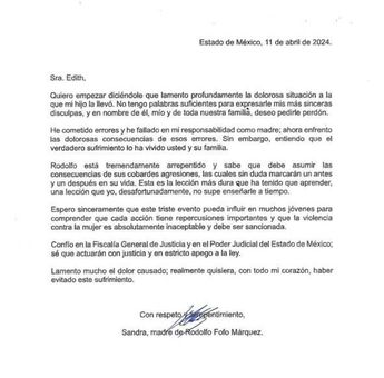 Carta de la mamá de Fofo Márquez a Edith "N".