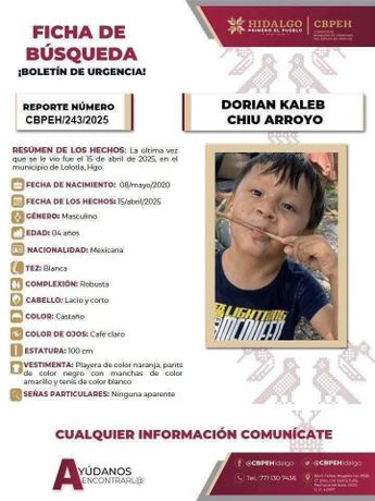 La ficha de búsqueda cualquier información que ayuden a la localización de Dorian Kaleb | Comisión de Búsqueda de Personas del Estado de Hidalgo.