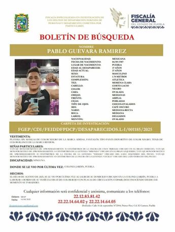 Pablo fue reportado como desaparecido en Puebla desde el 8 de agosto / Cortesía