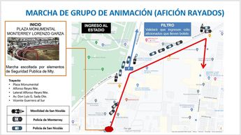 Mapa del operativo vial para el Clásico Regio 129. | Cortesía