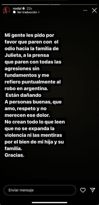 Mensaje de Christian Nodal en Instagram.