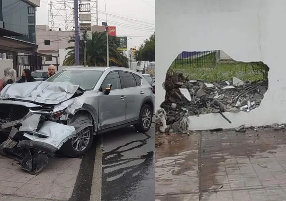 Choque entre dos camionetas daña barda de negocio y provoca fuga de agua en Monterrey