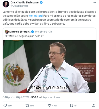 El mensaje en que Claudia Sheinbaum criticó el lenguaje soez de Trump./Captura de pantalla.