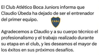 Comunicado de Boca Juniors anunciando despido de Claudio Úbeda / Captura