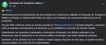 Comunicado emitido por la Setran en redes sociales | Secretaría de Transporte de Jalisco