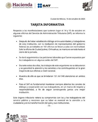 El SAT informó que la oficina de Ciudad Juárez, Chihuahua, se mantuvo cerrada hasta el término del Paro Nacional | X: @SATMX