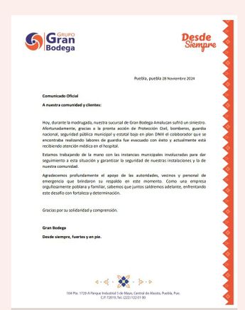 Comunicado de la Gran Bodega por incendio en Amalucan / Especial