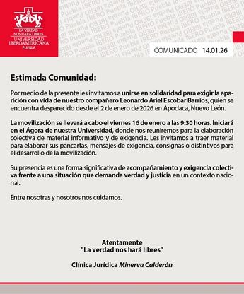 La Ibero Puebla convocó a su comunidad para exigir la aparición con vida del catedrático Ariel Escobar / Cortesía Ibero