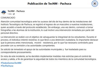 En el comunicado, el ITP señaló que el sujeto se puso violento cuando los docentes del plantel lo retuvieron | TecNM Pachuca