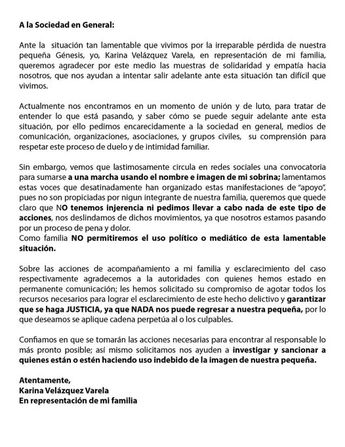 El comunicado de la familia de Génesis reitera que ellos no buscan dinero, ni apoyo político de ningún tipo / Especial