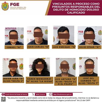 Entre los siete hombres detenidos se encuentra una sola mujer, quien también sería parte del 'Grupo Sombra' / Cortesía Fiscalía de Veracruz
