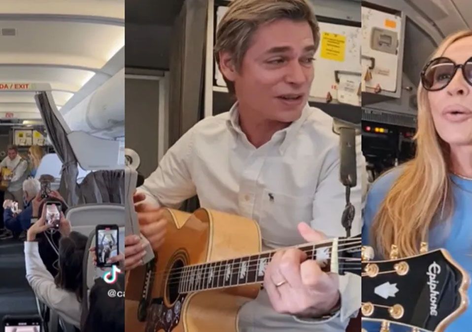 Carlos Baute y Marta Sánchez cantan "Colgando en tus manos" durante vuelo