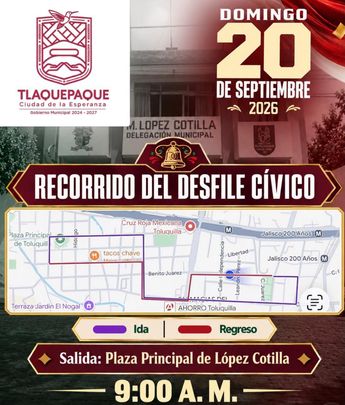 Mapa del recorrido del Desfile Cívico-Militar en Tlaquepaque 2026. | Gobierno de Tlaquepaque