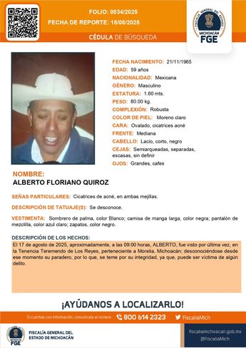 Ficha de búsqueda de Alberto Floriano, hallado en la fosa clandestina de Huaniquea | Fiscalía de Michoacán