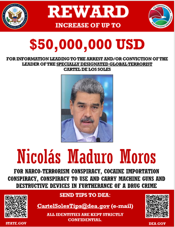 Cartel de búsqueda y recompensa por la captura de Nicolás Maduro, emitido por el gobierno de los Estados Unidos| @StateINL
