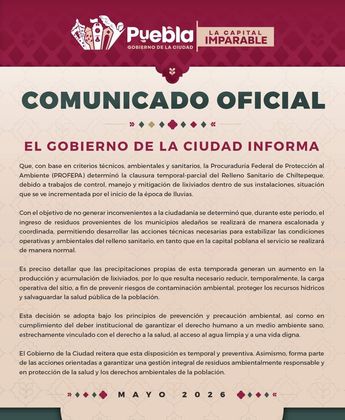 Comunicado del ayuntamiento de Puebla sobre la clausura del relleno sanitario de Chiltepeque / Gobierno de la ciudad