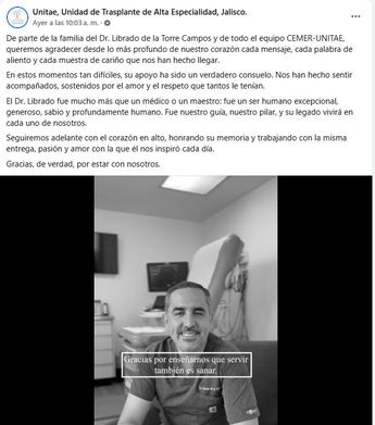 El UNITAE agradeció los mensajes recibidos tras la noticia del asesinato del doctor. | Fb: Unitae, Jalisco