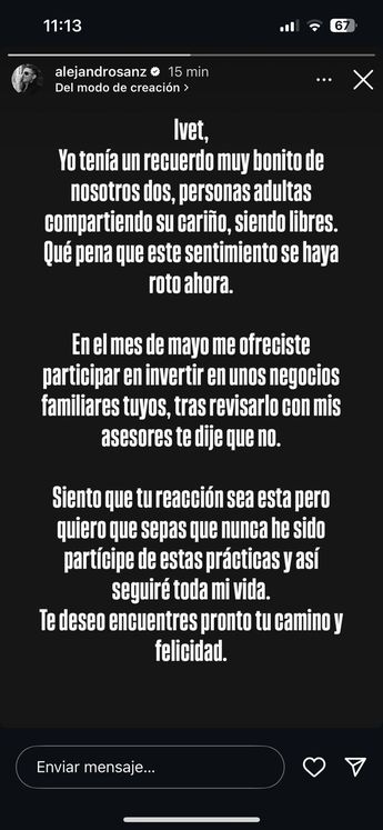 Alejandro Sanz compartió un mensaje en sus historias de Instagram.