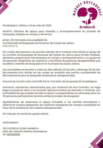Solicitud de apoyo a la Comisión de Búsqueda de Personas Desaparecidas. | Madres Buscadoras de Jalisco A.C.