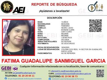 Reporte de búsqueda de Fátima Guadalupe Sanmiguel García. | Cortesía