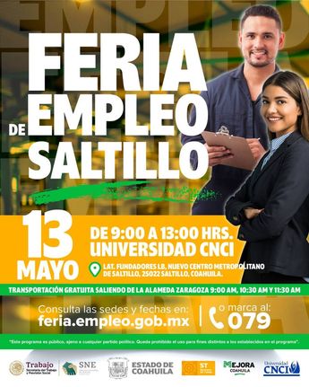 La Feria del Empleo en Saltillo reunirá a 22 empresas con vacantes para operarios, profesionistas y jóvenes sin experiencia.