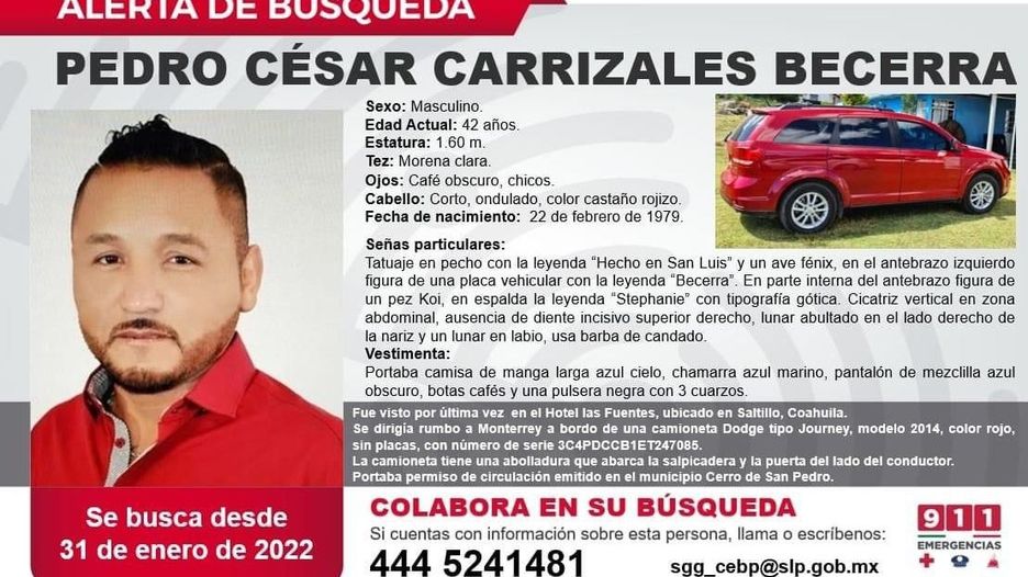 , Carrizales se dirigía a Monterrey a bordo de una camioneta Dodge tipo Journey modelo 2014, color rojo y sin placas. / Cortesía