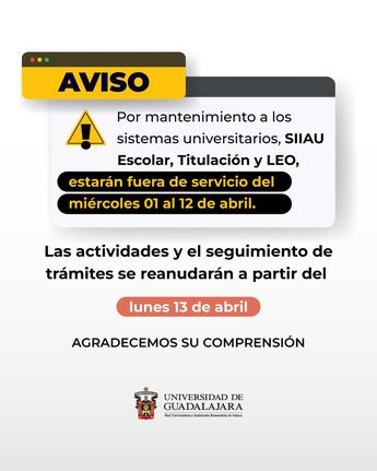 Aviso sobre mantenimiento de los sistemas. | Universidad de Guadalajara