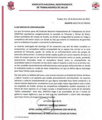 SNTSA emite comunicado sobre asesinato en Palmar de Bravo