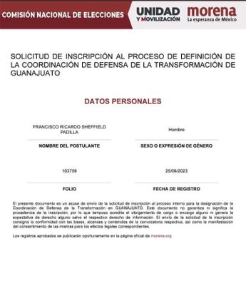 Ricardo Sheffield se inscribe en proceso interno de Morena en Guanajuato para buscar la gubernatura | Cortesía