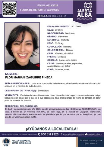 Ficha de búsqueda de Flor Marian Izaguirre Pineda | Alerta Alba Michoacán vía Facebook