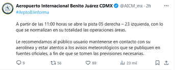 Los vuelos del AICM se reanudaron a partir de las 11:00 horas | AICM