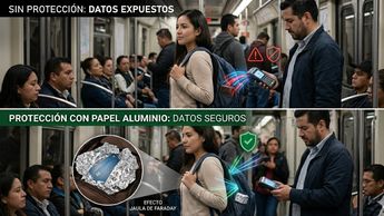 Mientras una tarjeta expuesta es vulnerable al escaneo inalámbrico, el envoltorio de aluminio crea un escudo impenetrable. / Google Gemini