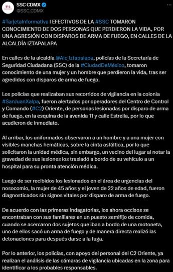 Tras la balacera en un puesto de comida en Iztapalapa, un vecino llevó a los heridos al hospital | X: @SSC_CDMX